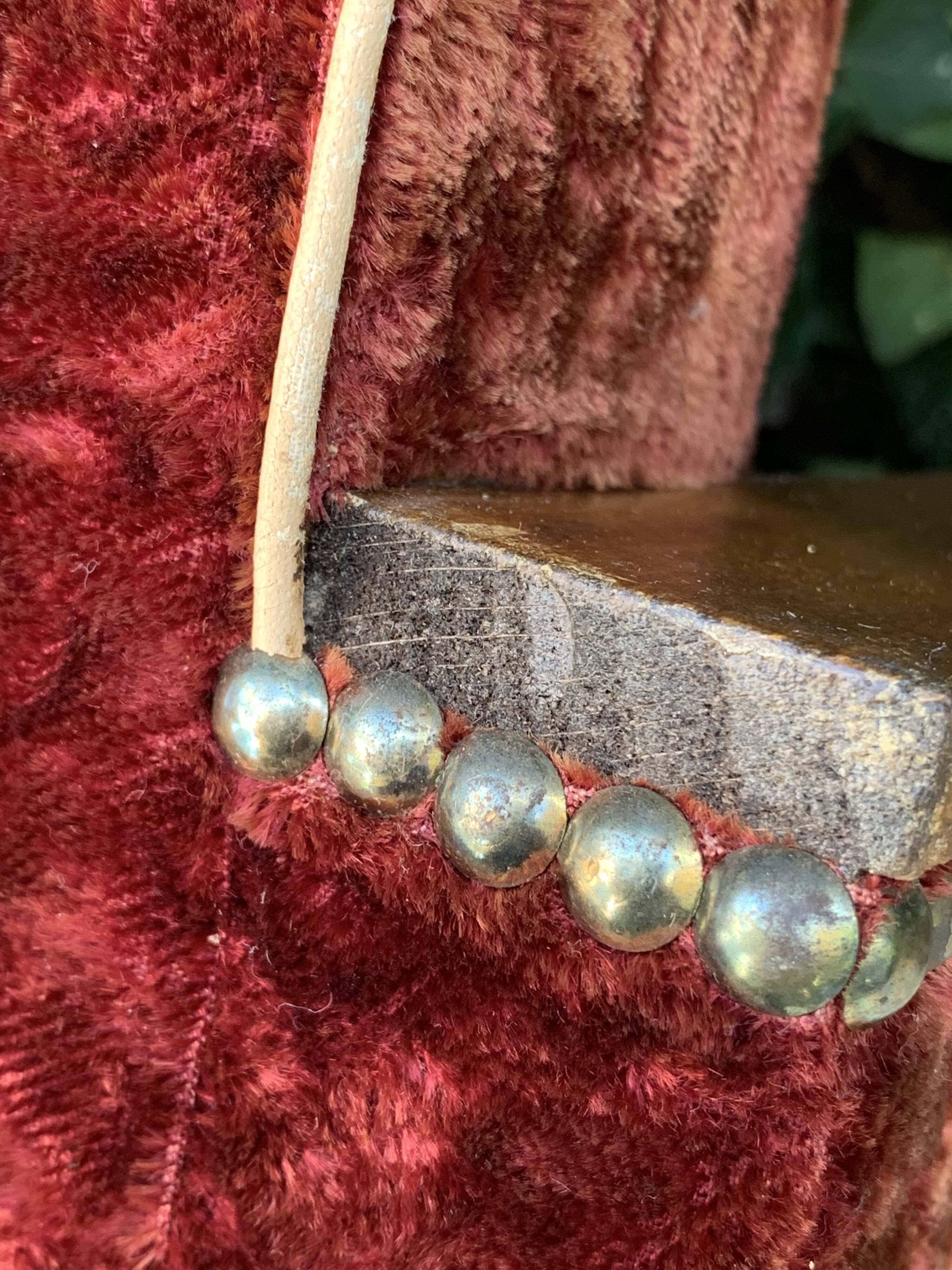 Pair of Art Deco club armchairs in burgundy red velvet, 1930s