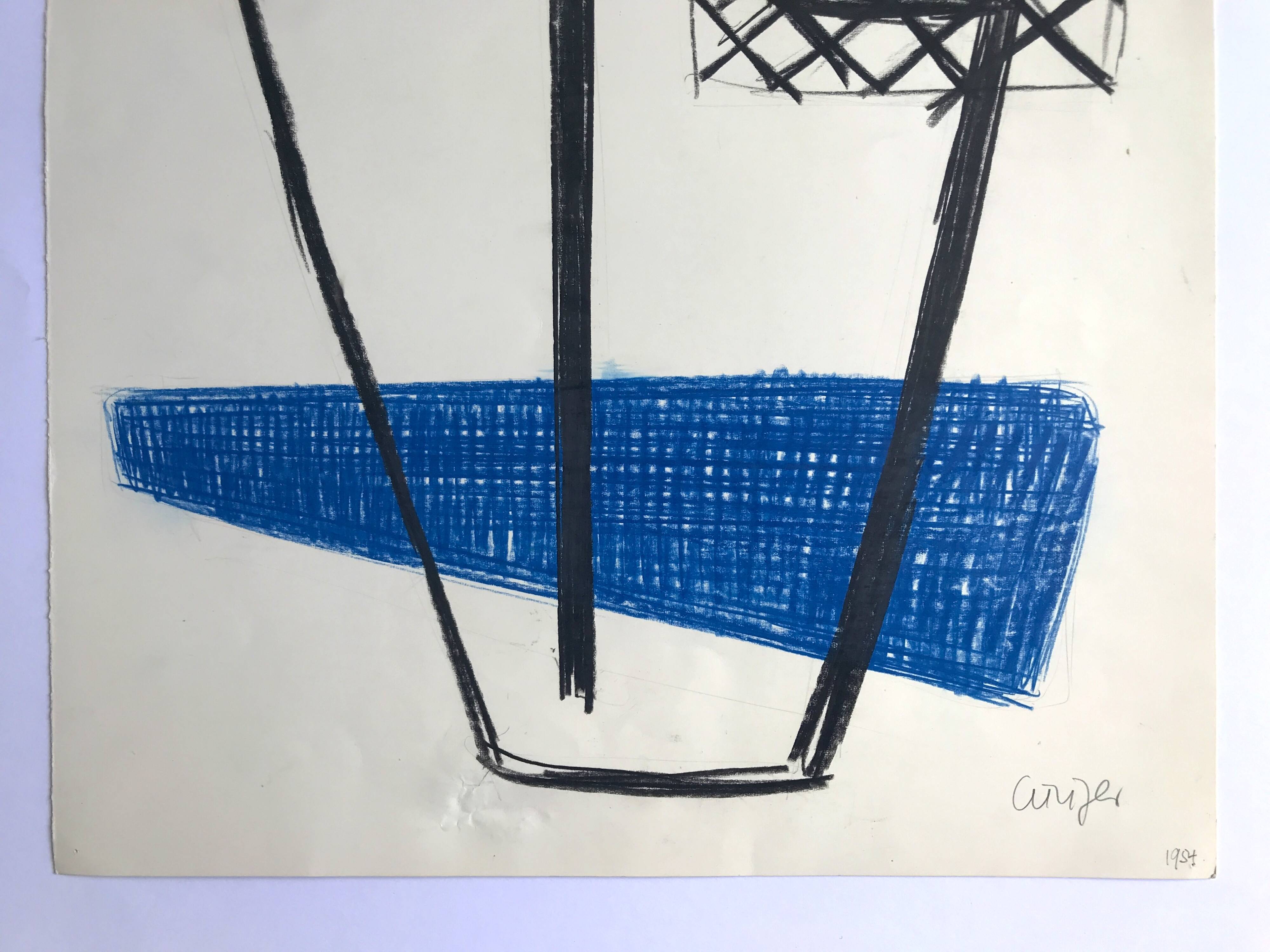 CURIGER Untitled (blue and yellow), 1954. Mixed media signed in pencil.