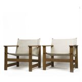 Pair of Vintage Safari Lounge Chairs in Canvas & Wood, 1970s