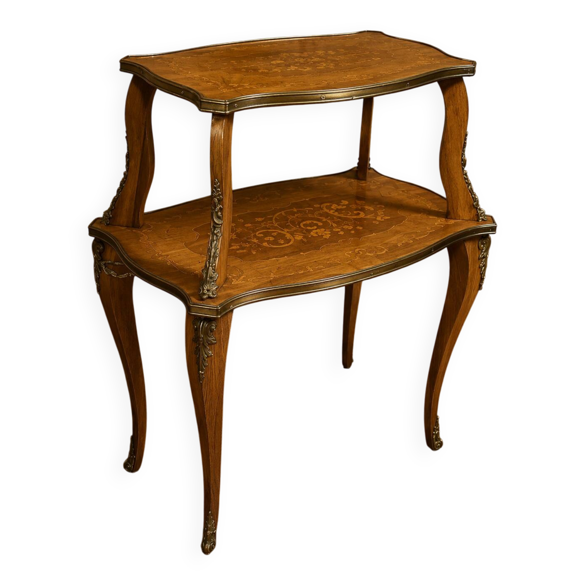 Table à thé a deux plateaux en marqueterie