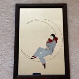 Old vintage collector mirror with drawing / silkscreen printing by Pierrot in the moonlight 70's 80's