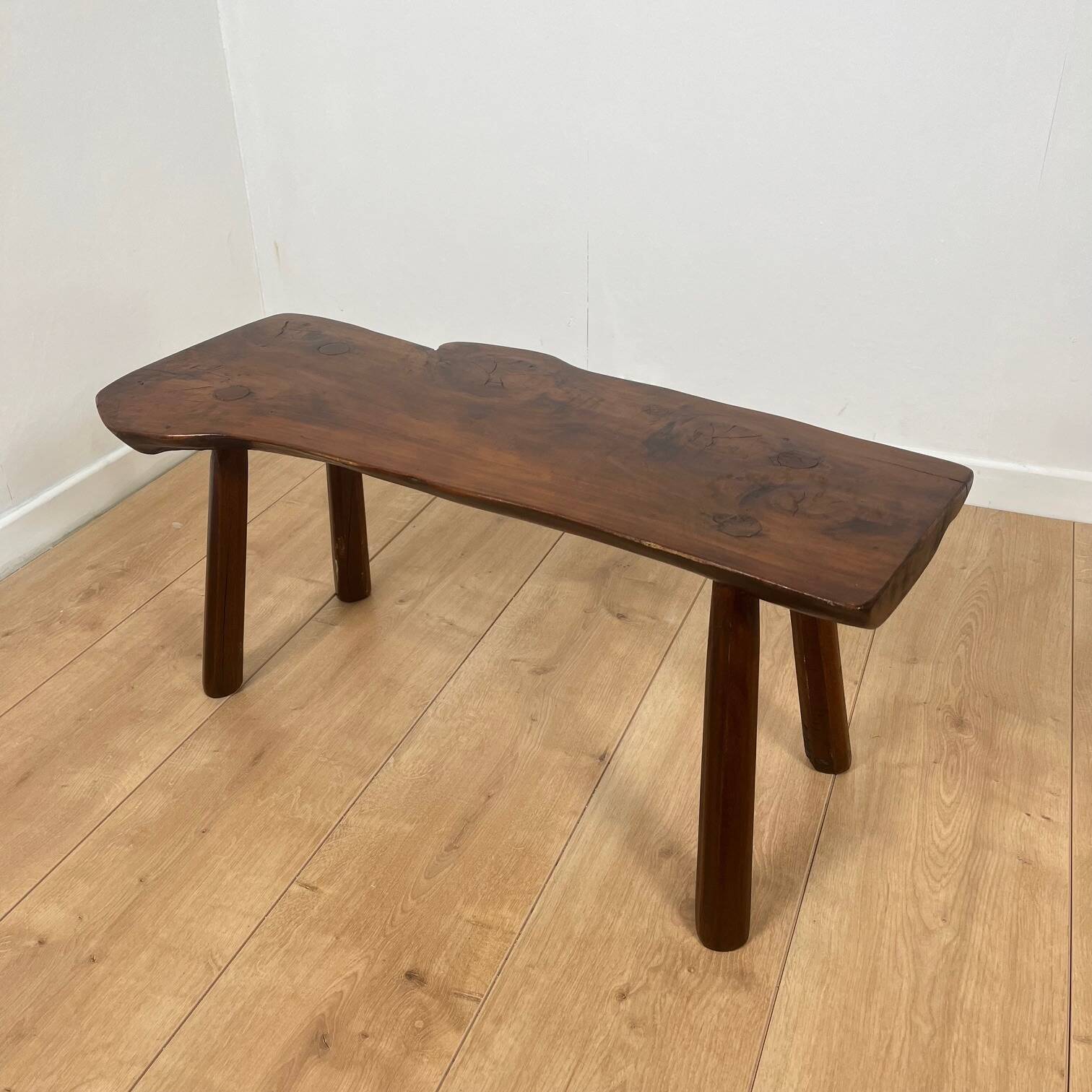 Rustic bench in solid elm, wabi-sabi style, mid-20th century.