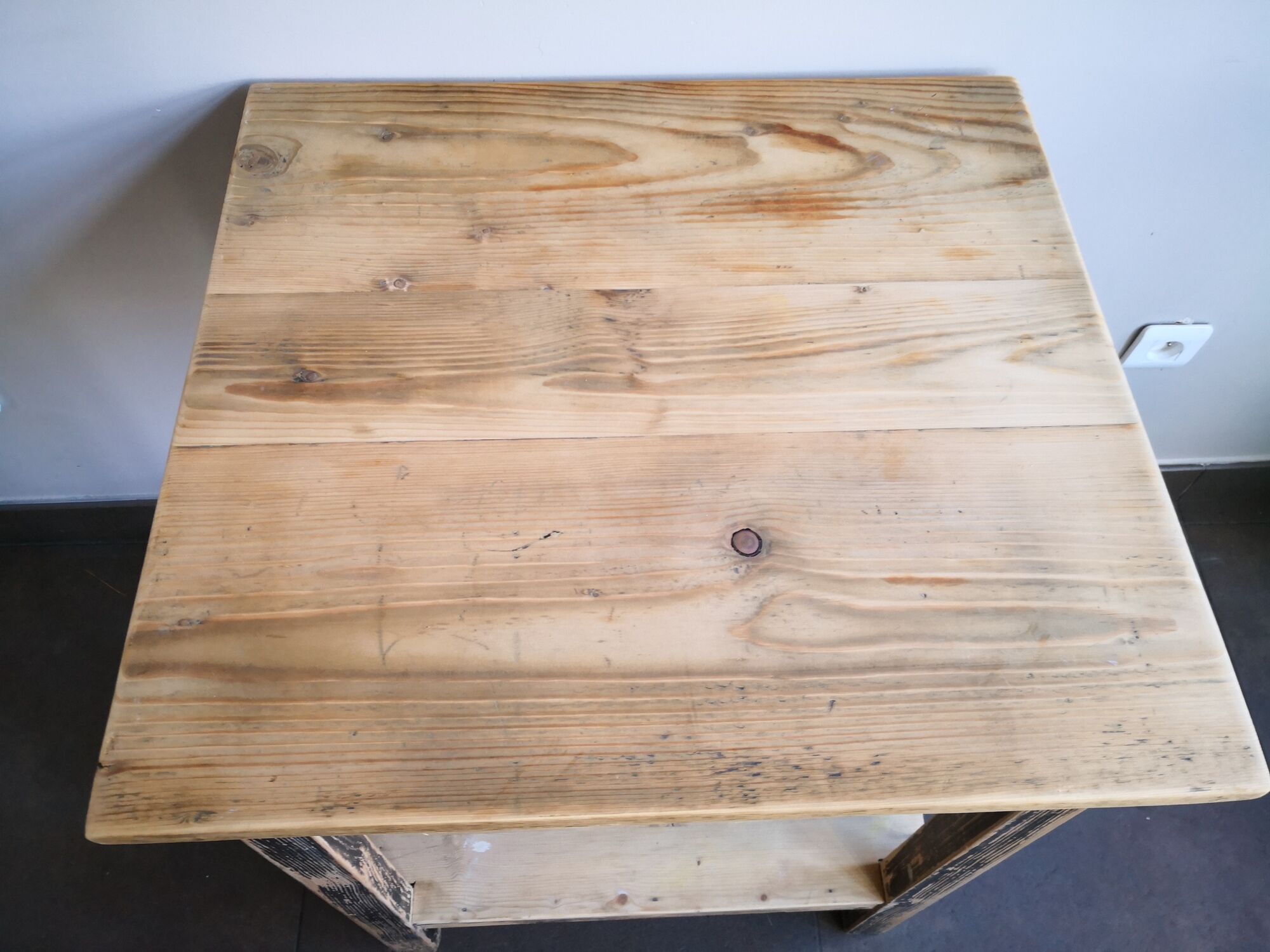 Vintage wooden side table, entrance console, square pedestal table 2 floors.