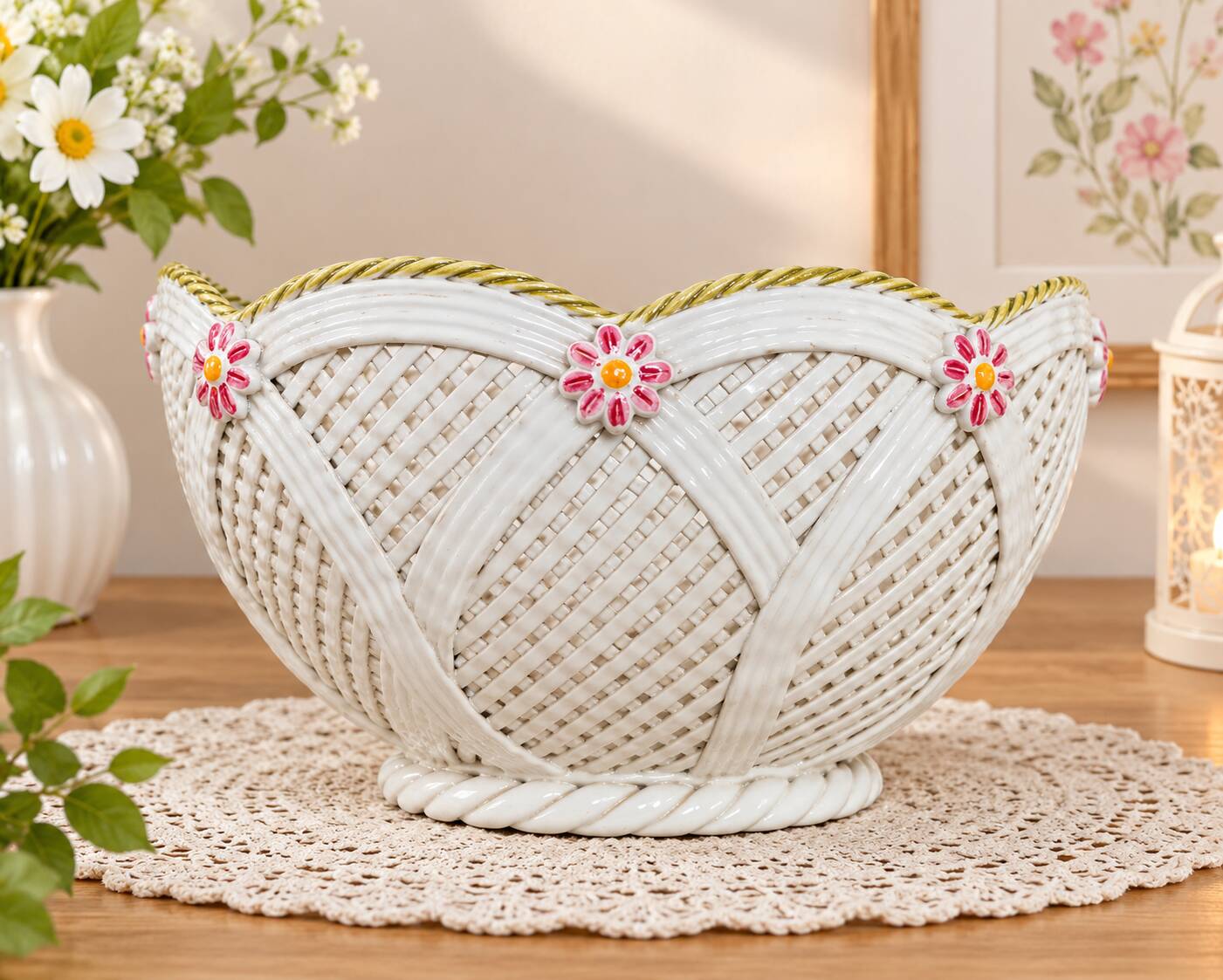 Woven ceramic fruit basket