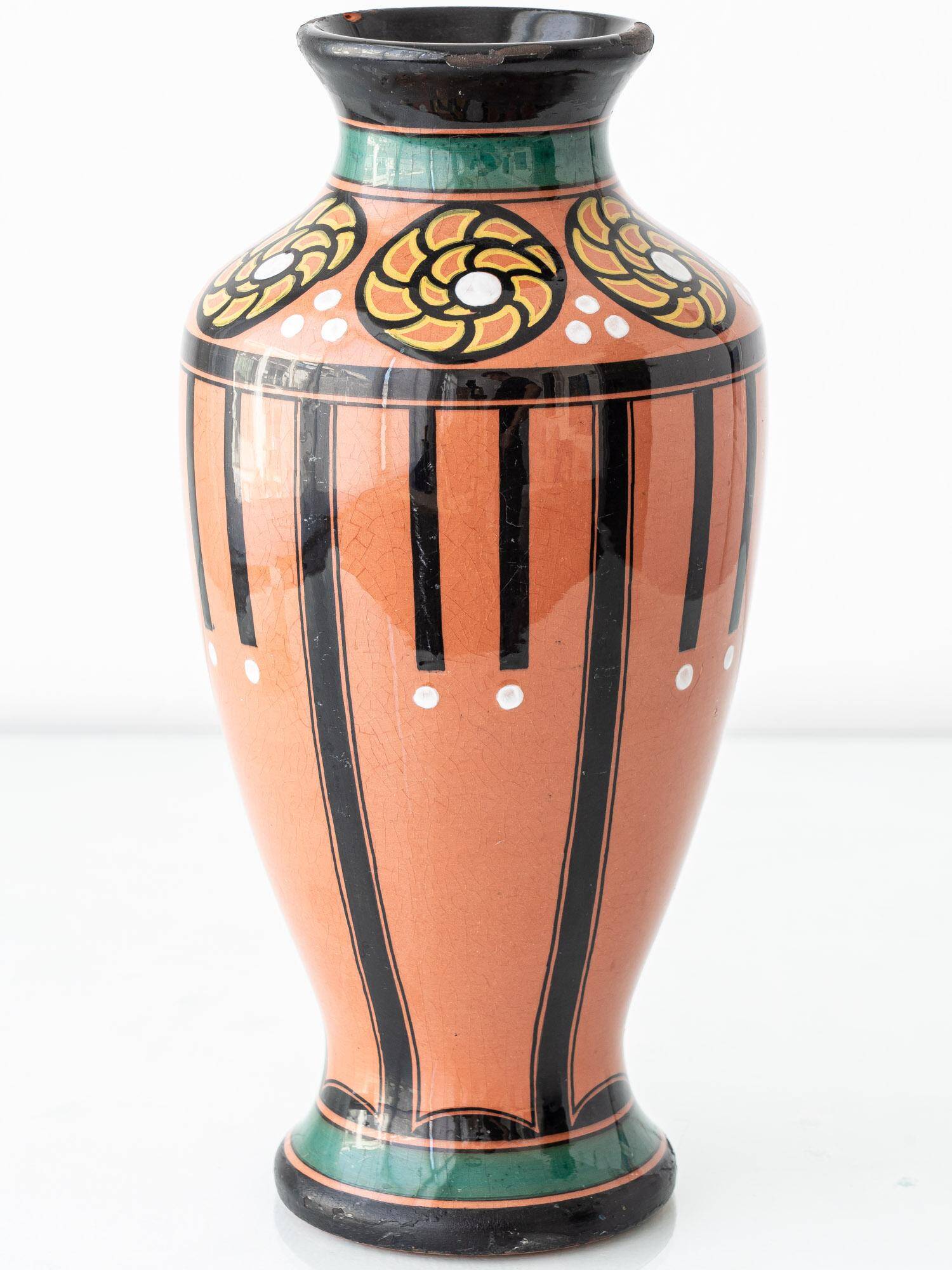Pair of Dutch Art Deco vases, hand-painted Gouda-style ceramic with bold glazing.