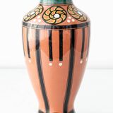 Pair of Dutch Art Deco vases, hand-painted Gouda-style ceramic with bold glazing.