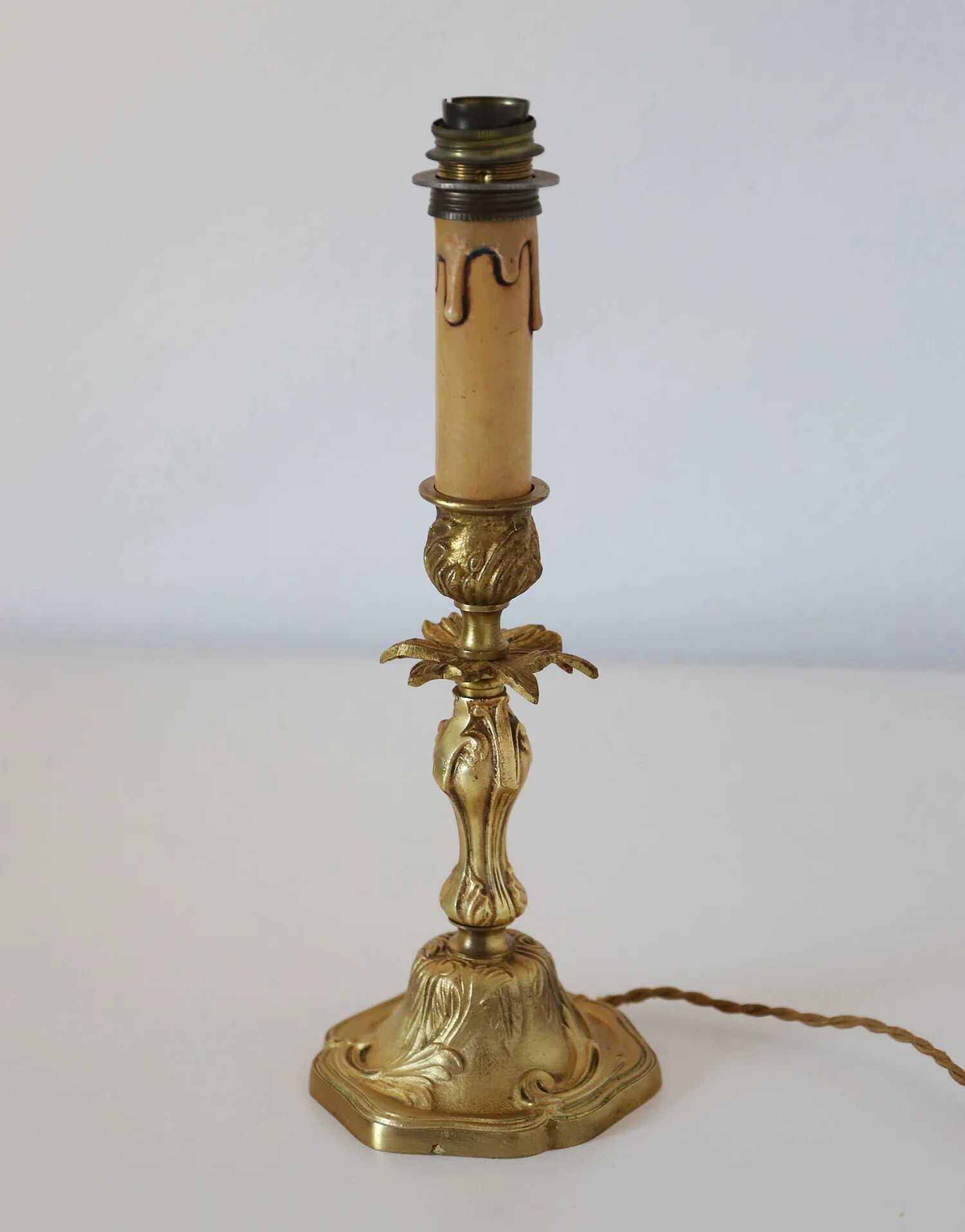 Recycled vintage lamp — antique bronze candlestick base and graphic flowers