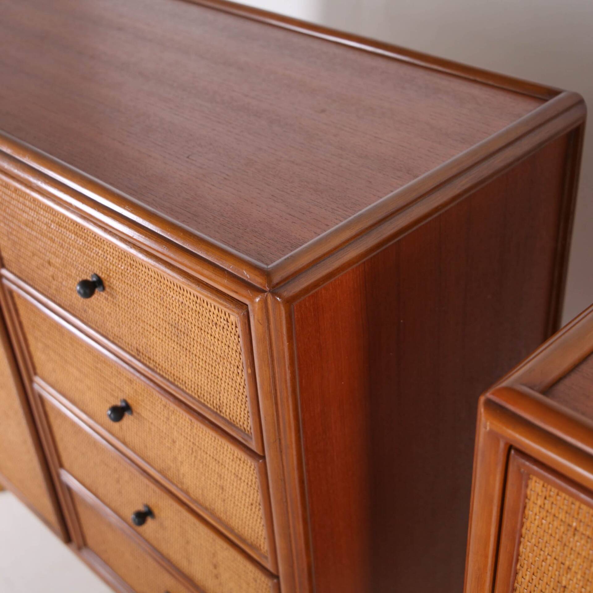 Pair of rattan and wood bedside tables
