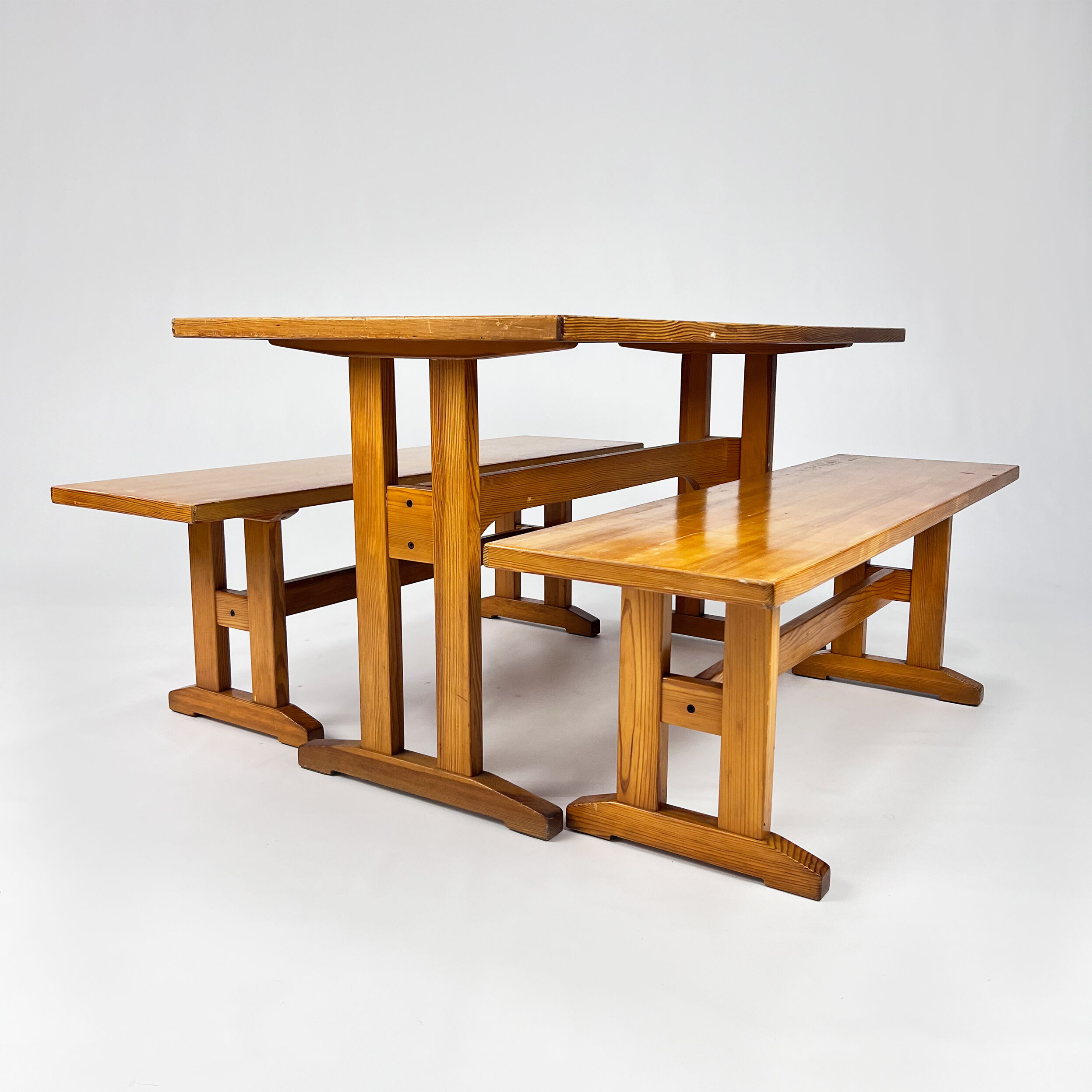 Mid century scandinavian pine dining set table and two benches, 1960s