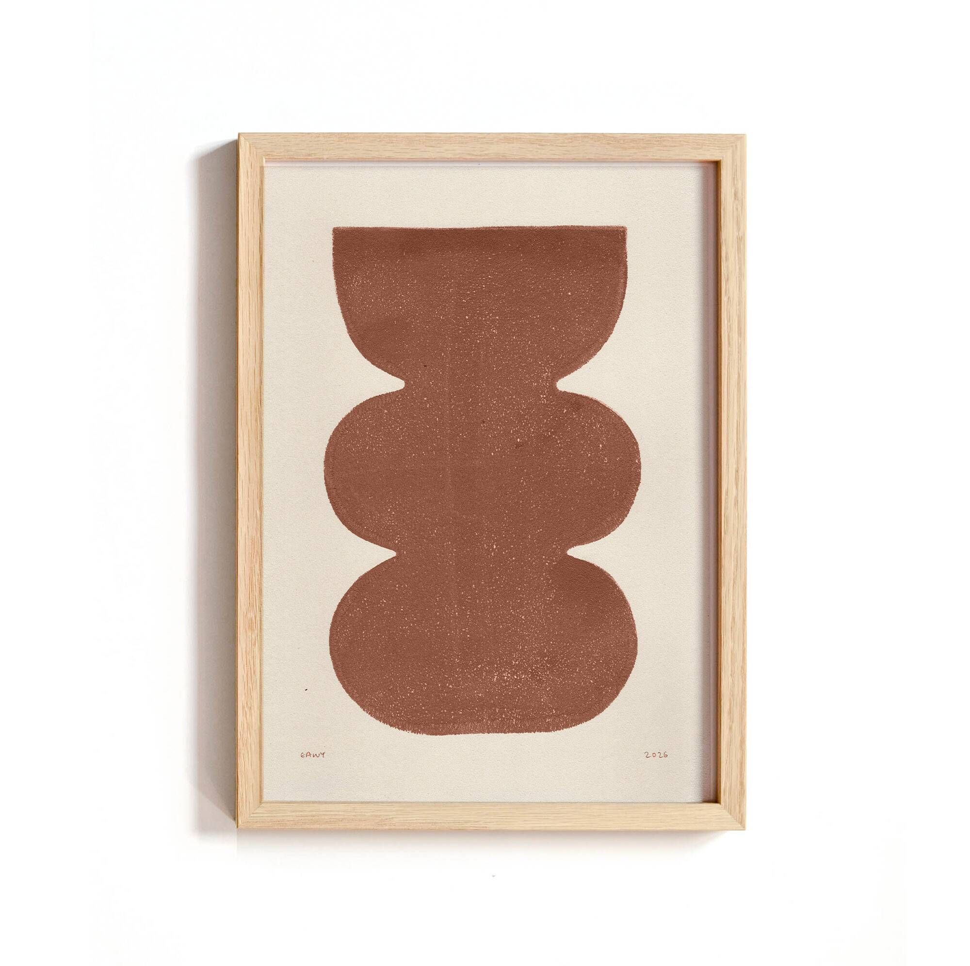 Duo of terracotta abstract paintings on paper signed Eawy.