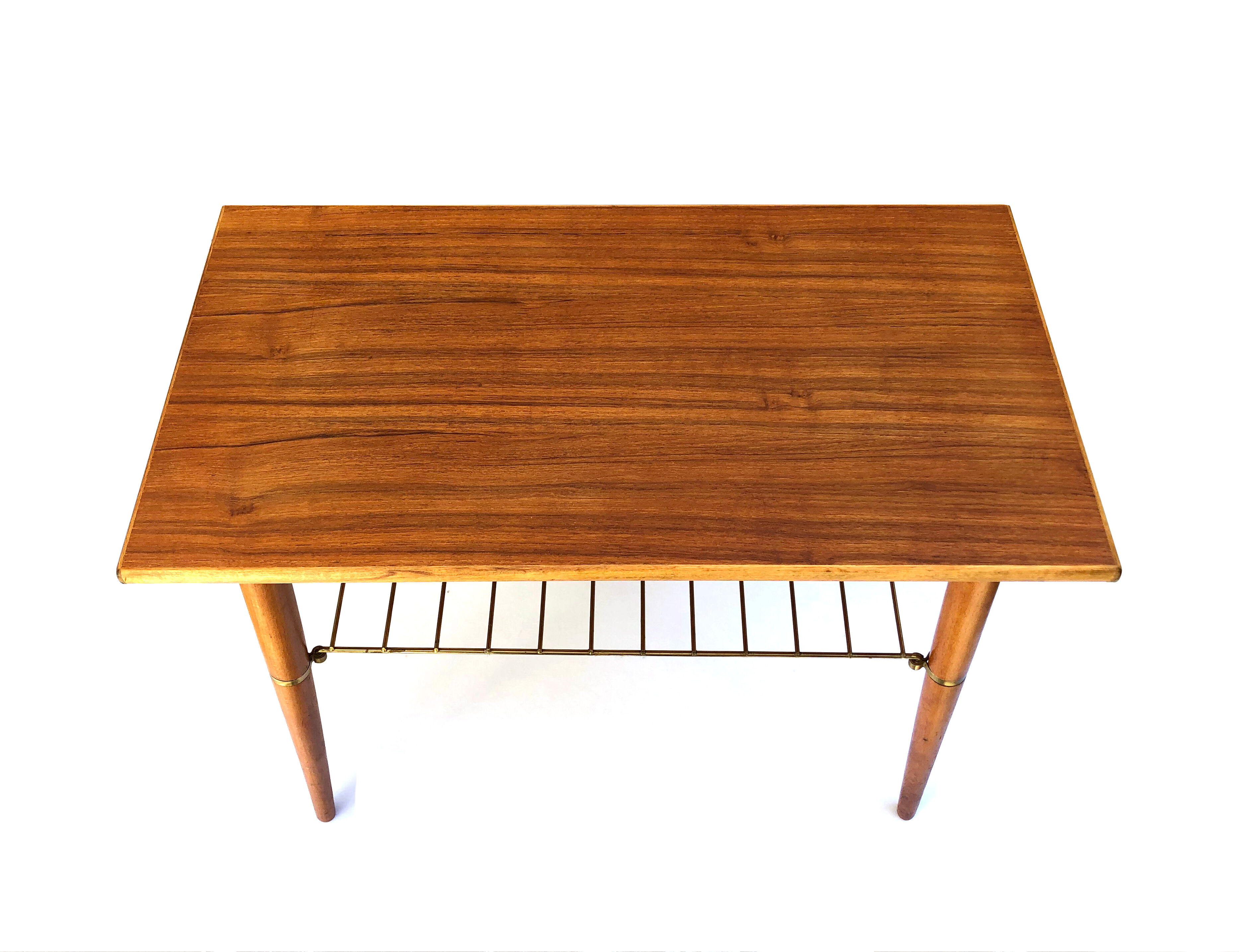 Table, teak with brass shelf, 1950/60