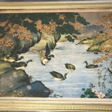 Old painting with a polychrome print decoration of ducks in nature.
