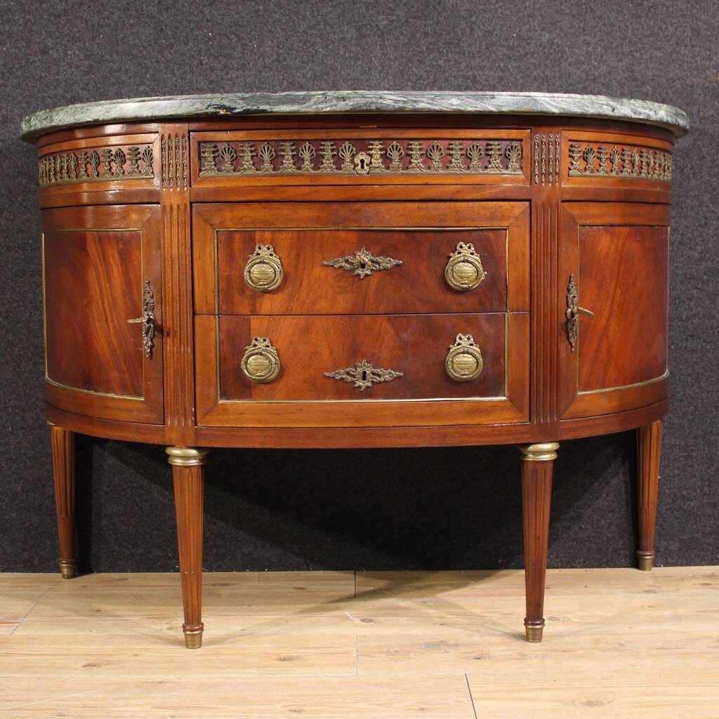 French Louis XVI style half-moon commode with marble top