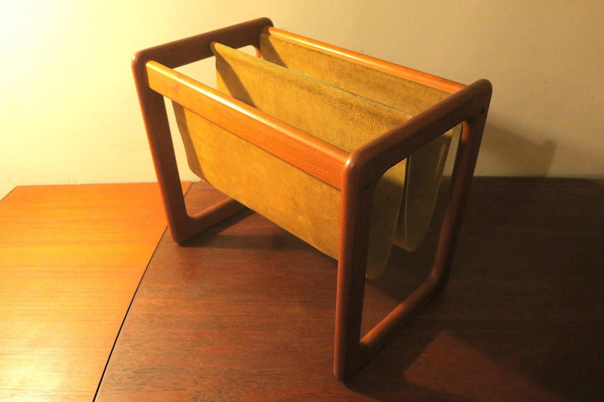 Magazinr rack in teak and suede leather by Aksel Kjersgaard, 1960s