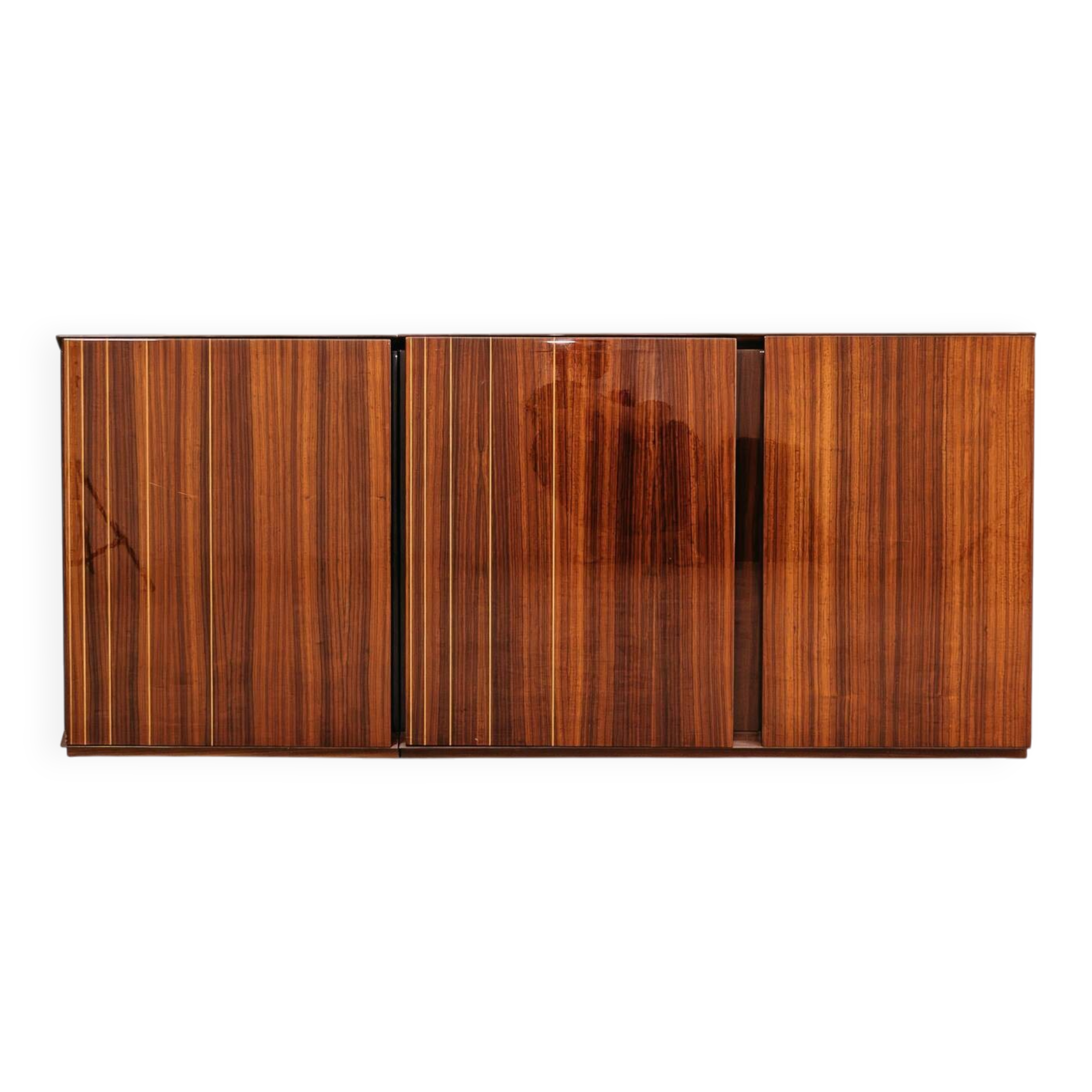 Enfilade en palissandre monumental en bois zèbre laqué de style mid-century.