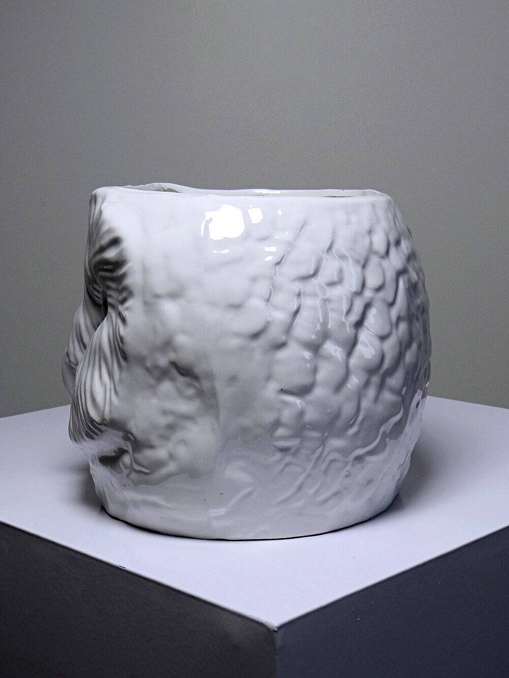 Large owl head cache-pot in vintage Italian white faience.