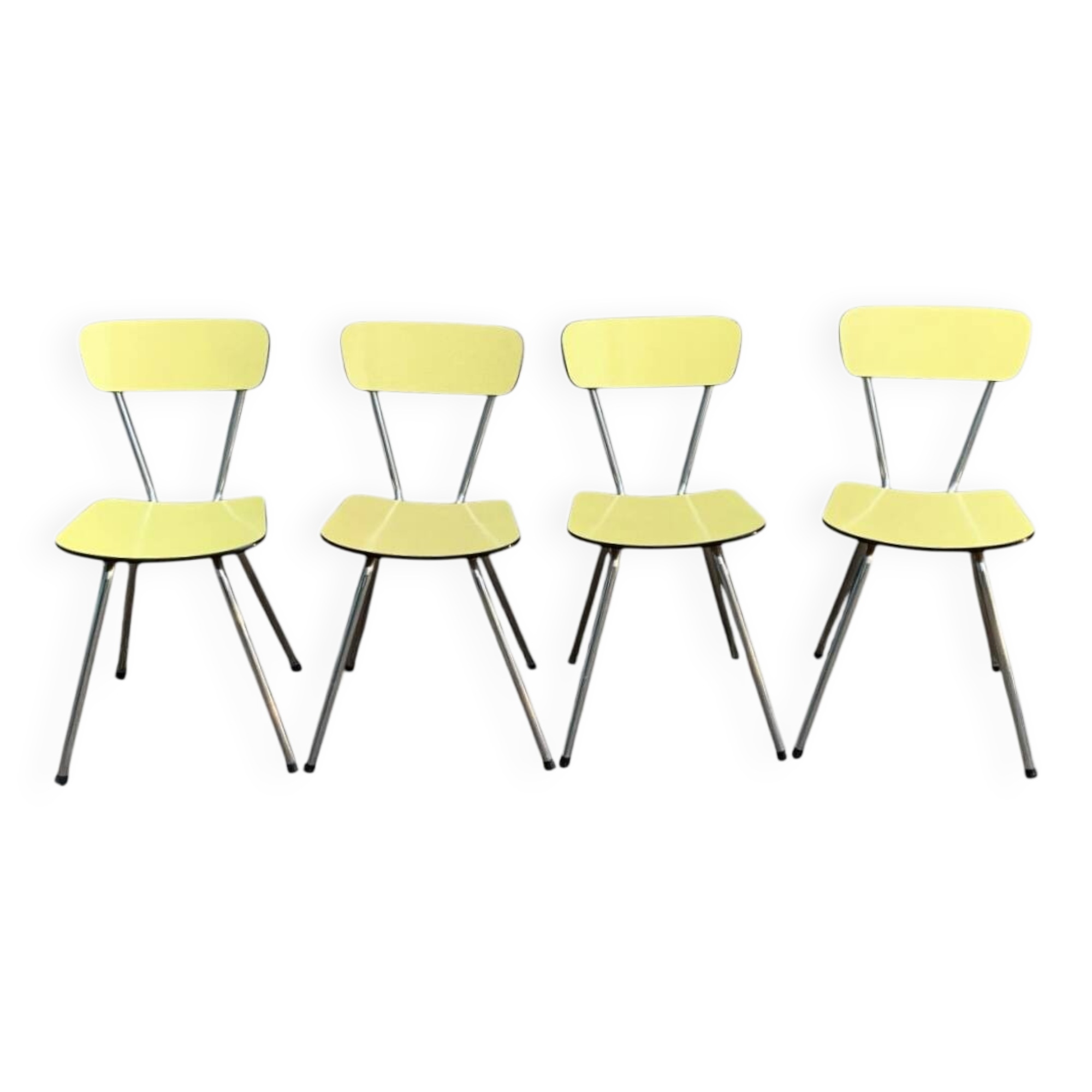 Yellow Formica chairs with compass legs, 1950s