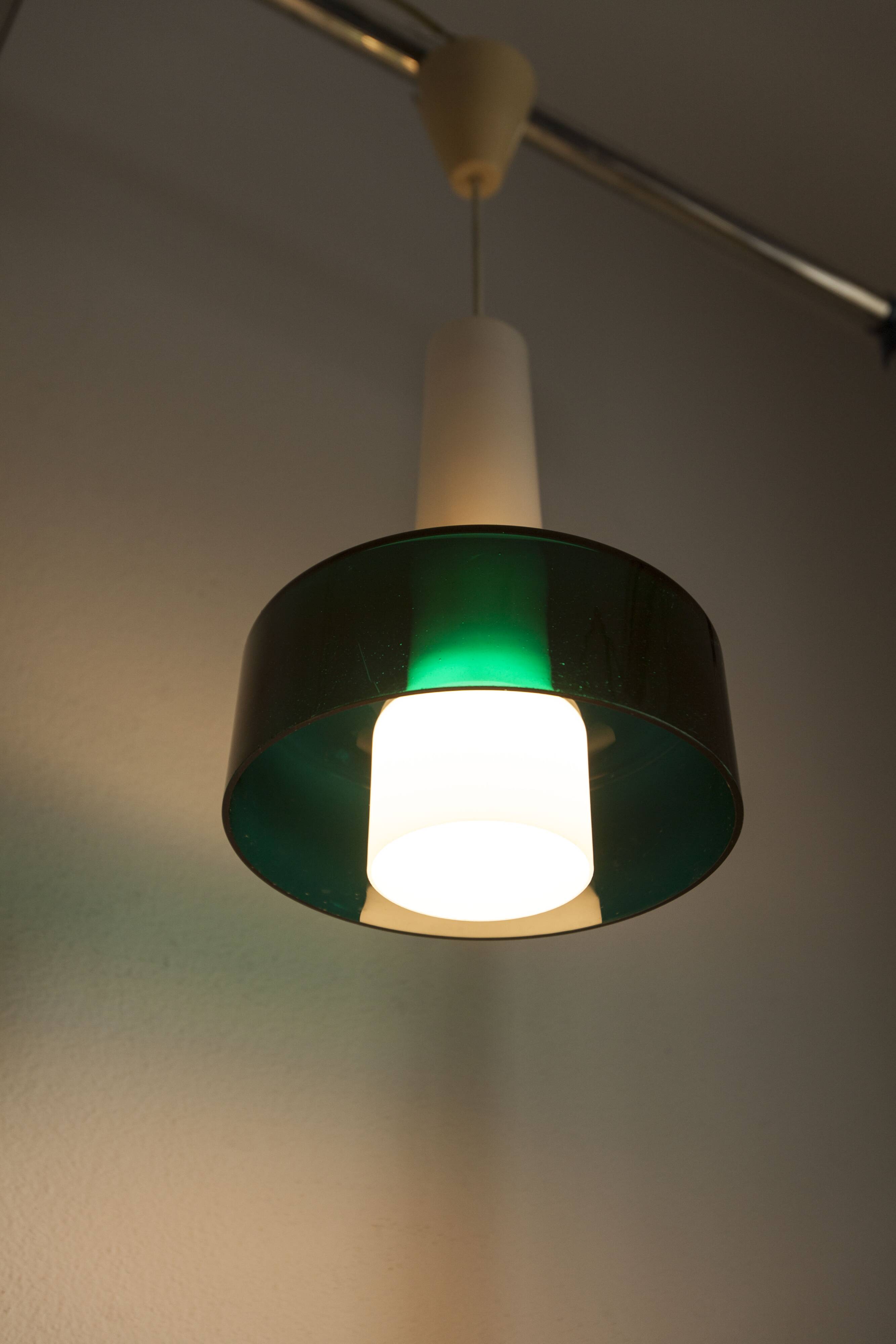 Vintage suspension in 2 elements, white opaline and transparent glass.