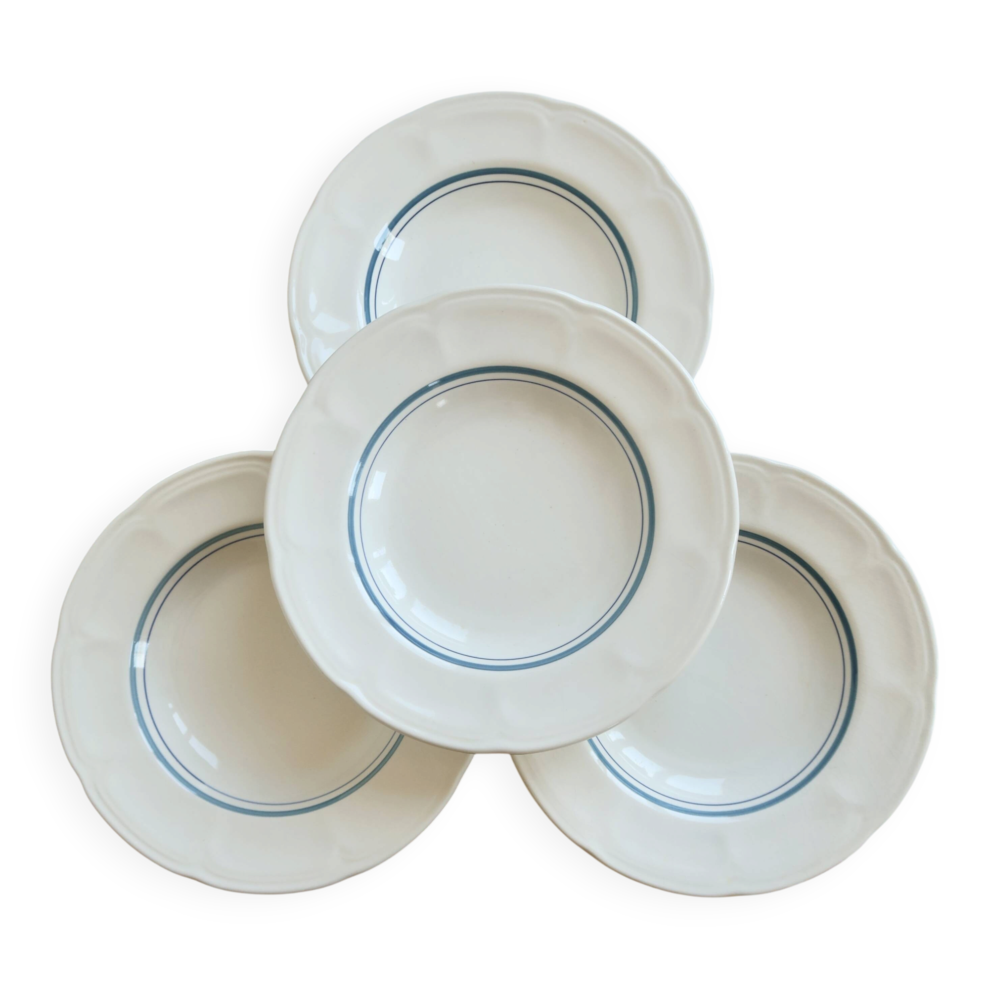 4 vintage ivory earthenware deep plates – double blue borders