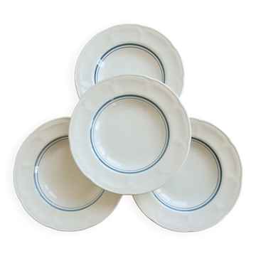 4 vintage ivory earthenware deep plates – double blue borders