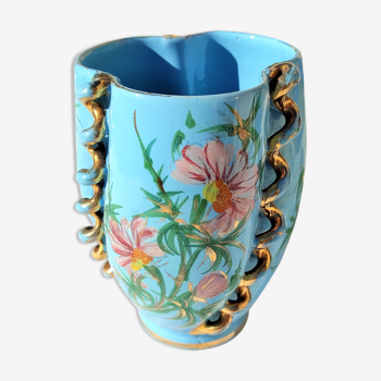 Vase vallauris bleu à 3 serpentins or et décor de fleurs