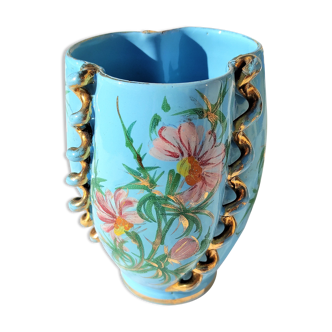 Vase vallauris bleu à 3 serpentins or et décor de fleurs