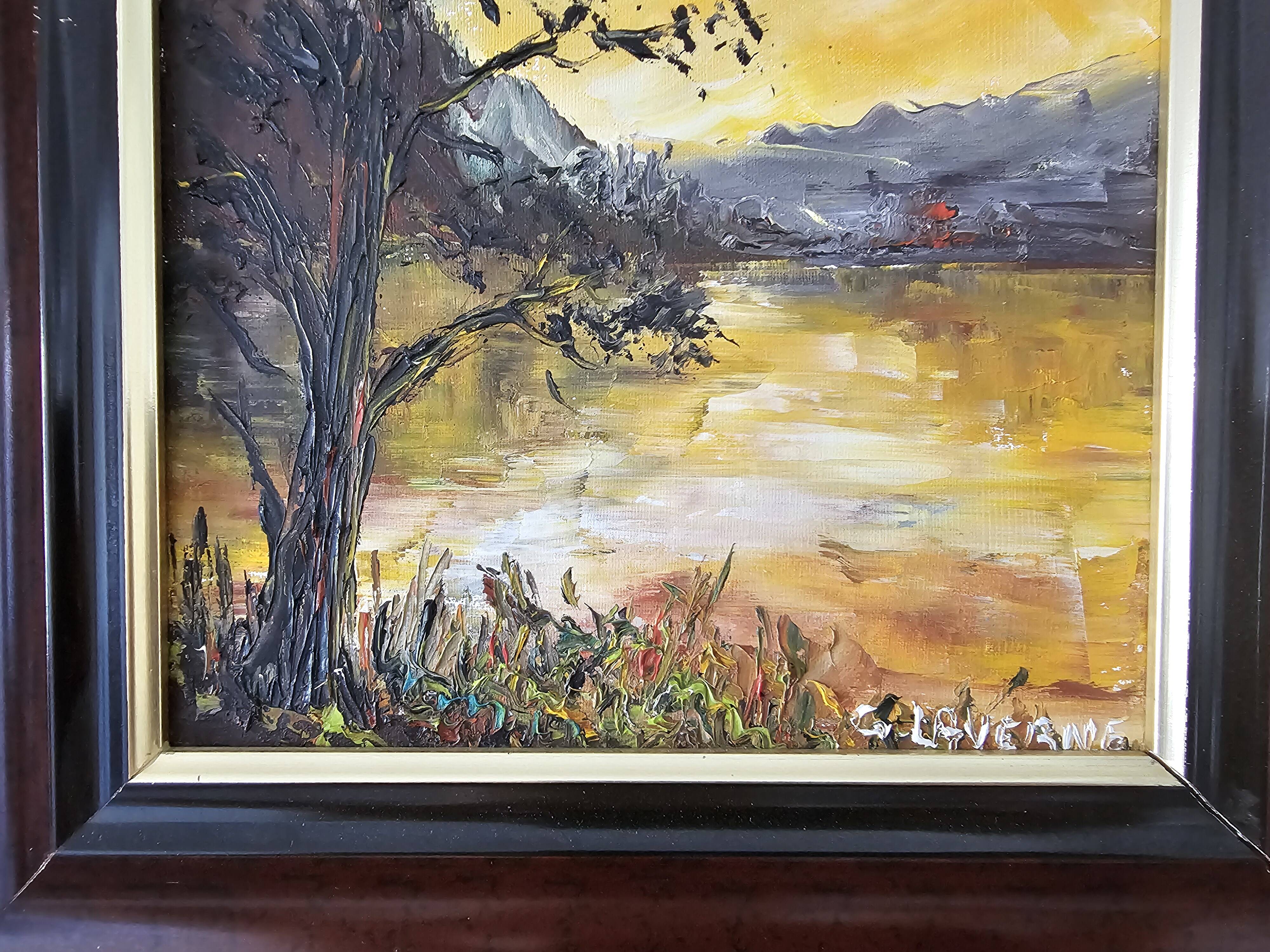 Oil on Canvas Landscape One Evening at the Hatching Pond Signed Gilles Laverne