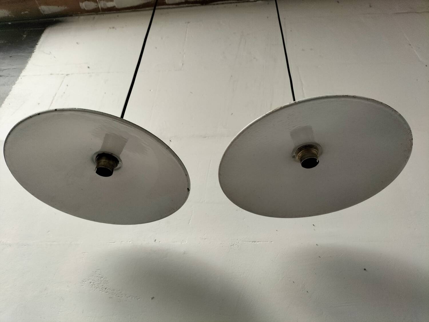 Pair of enamelled metal pendant lights
