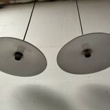 Pair of enamelled metal pendant lights