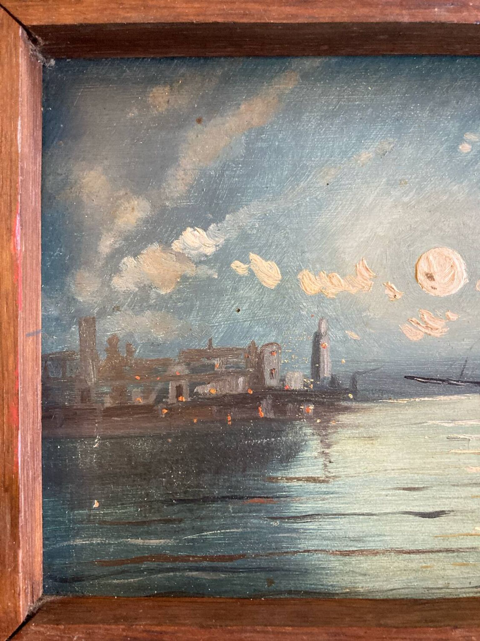 Painting. Oil on wood. Seascape, night, moonlight, fishing boat