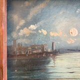 Painting. Oil on wood. Seascape, night, moonlight, fishing boat