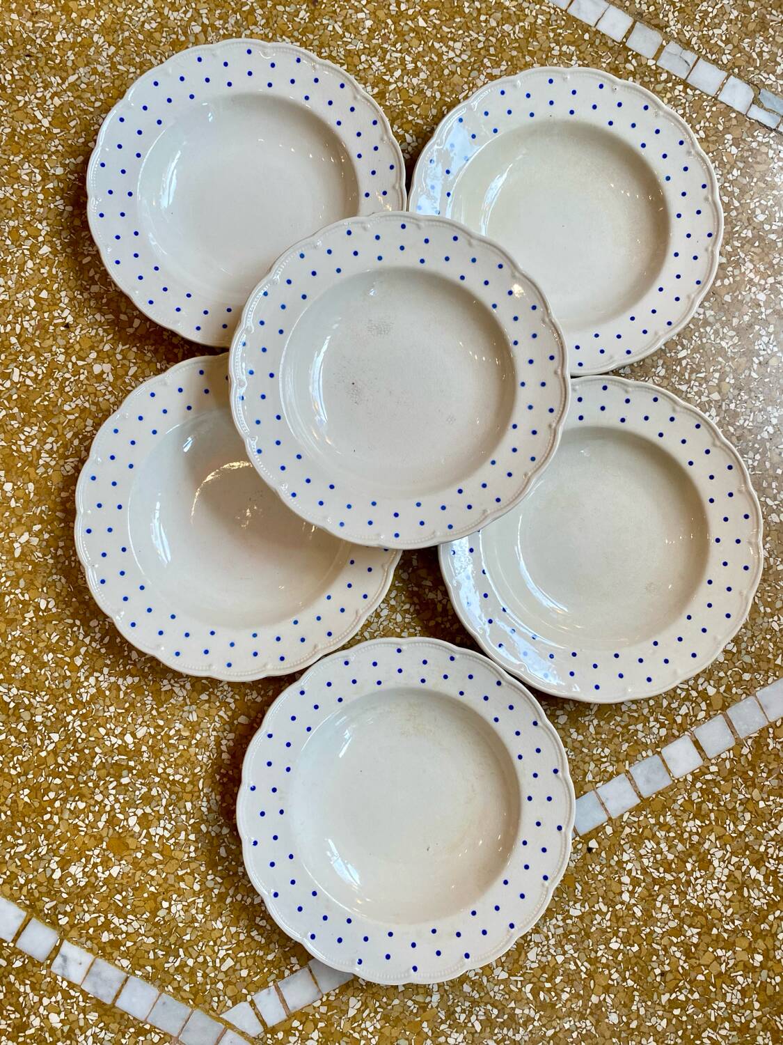 Set of 6 blue polka dot soup plates Boch Frères