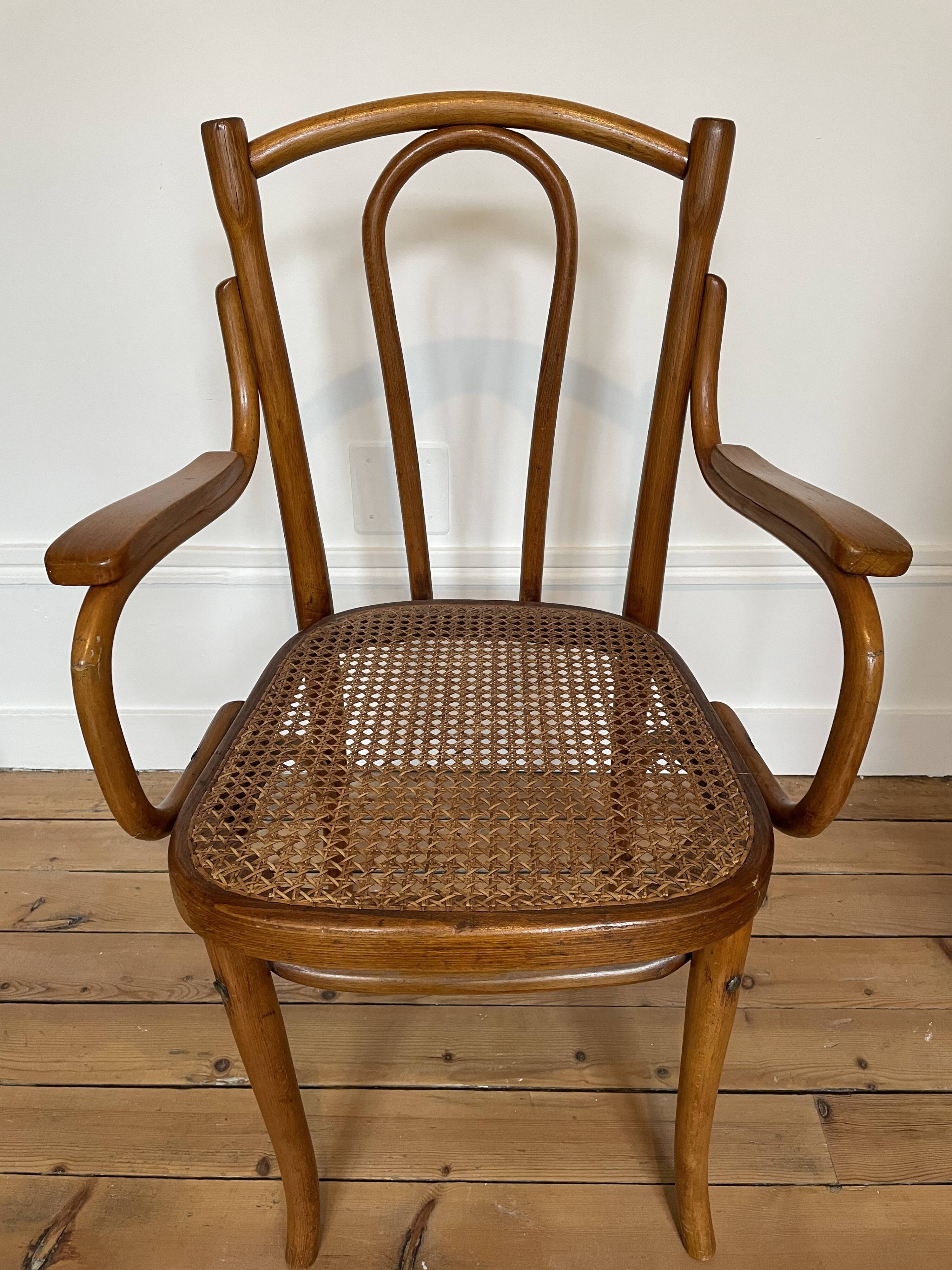 Old thonet armchair in curved wood and rattan cane