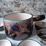 Vallauris fondue serving lot 1 large pot and 6 small pots décor thistle gray, blue, green