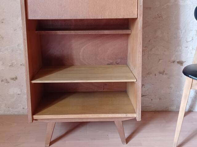 Vintage 1960s secretary with slanted design, light wood, compass legs