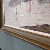 Mid-Century Modern Swedish "Coastal Sunset" Vintage Seascape Oil Painting, Framed