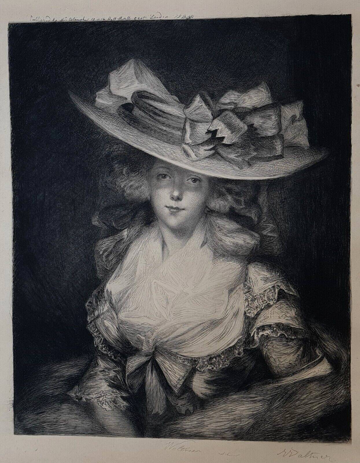 English engraving: Young woman with a hat, signed Waltner, dated 1880 SC265
