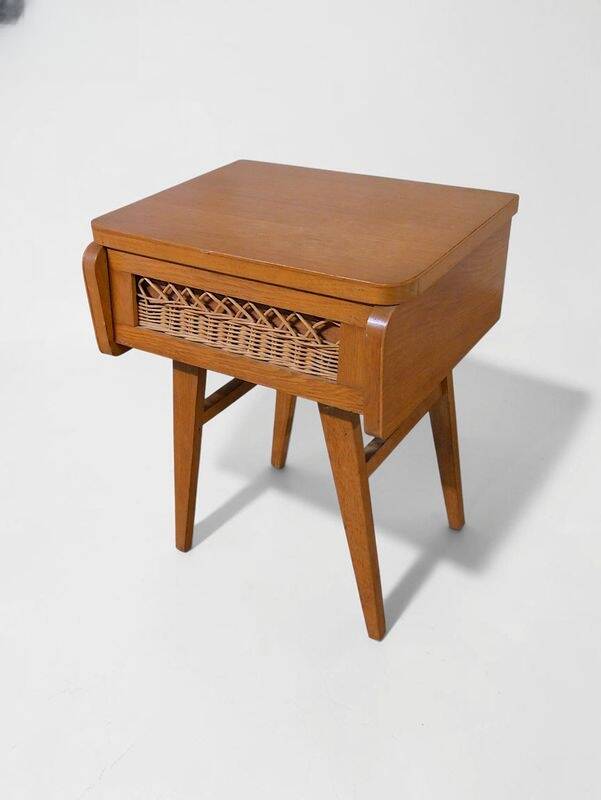 Rattan bedside table with tapered legs - Vintage 1950s 1960s