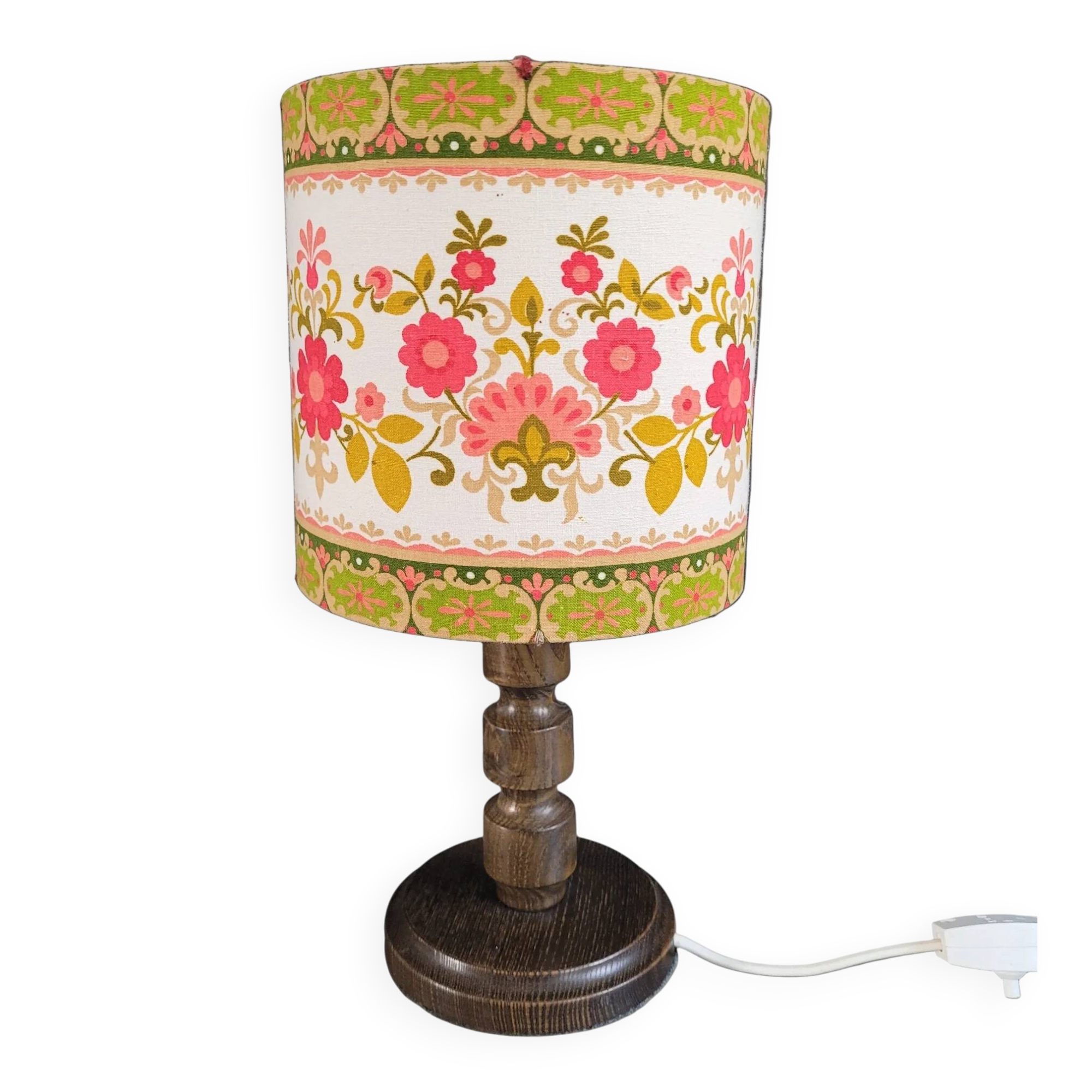Bedside lamp with turned wooden base and floral shade - Ref 957