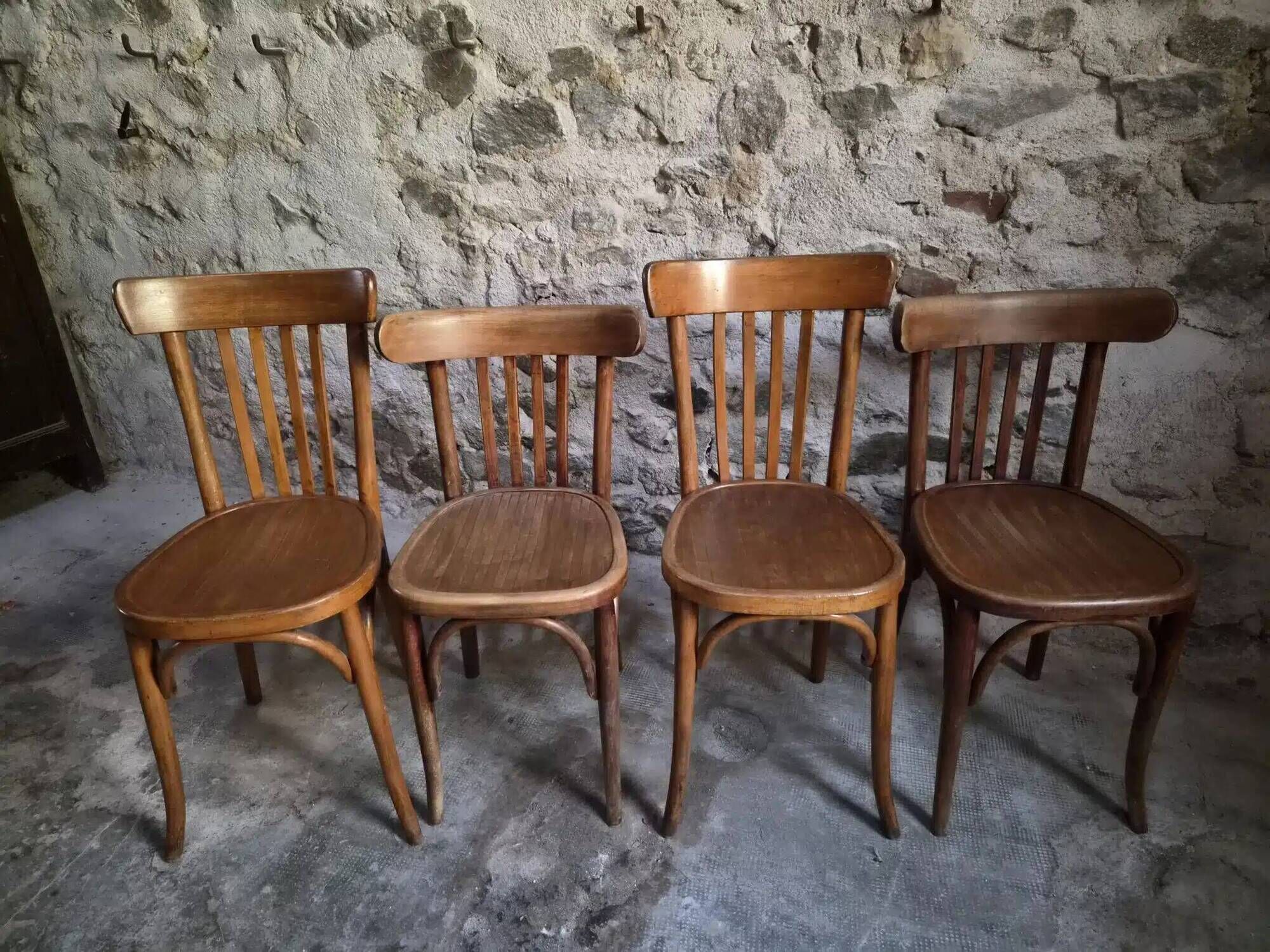 Set of 4 antique French bistro chairs by Mahieu & Guillaume, circa 1930.