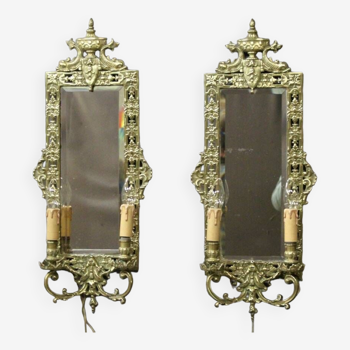 Pair of bronze sconces with mirror with 2 lights