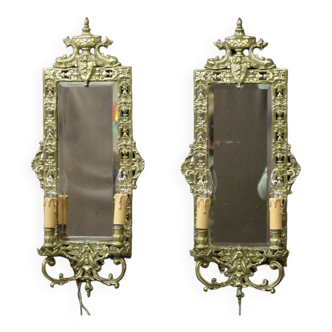 Pair of bronze sconces with mirror with 2 lights