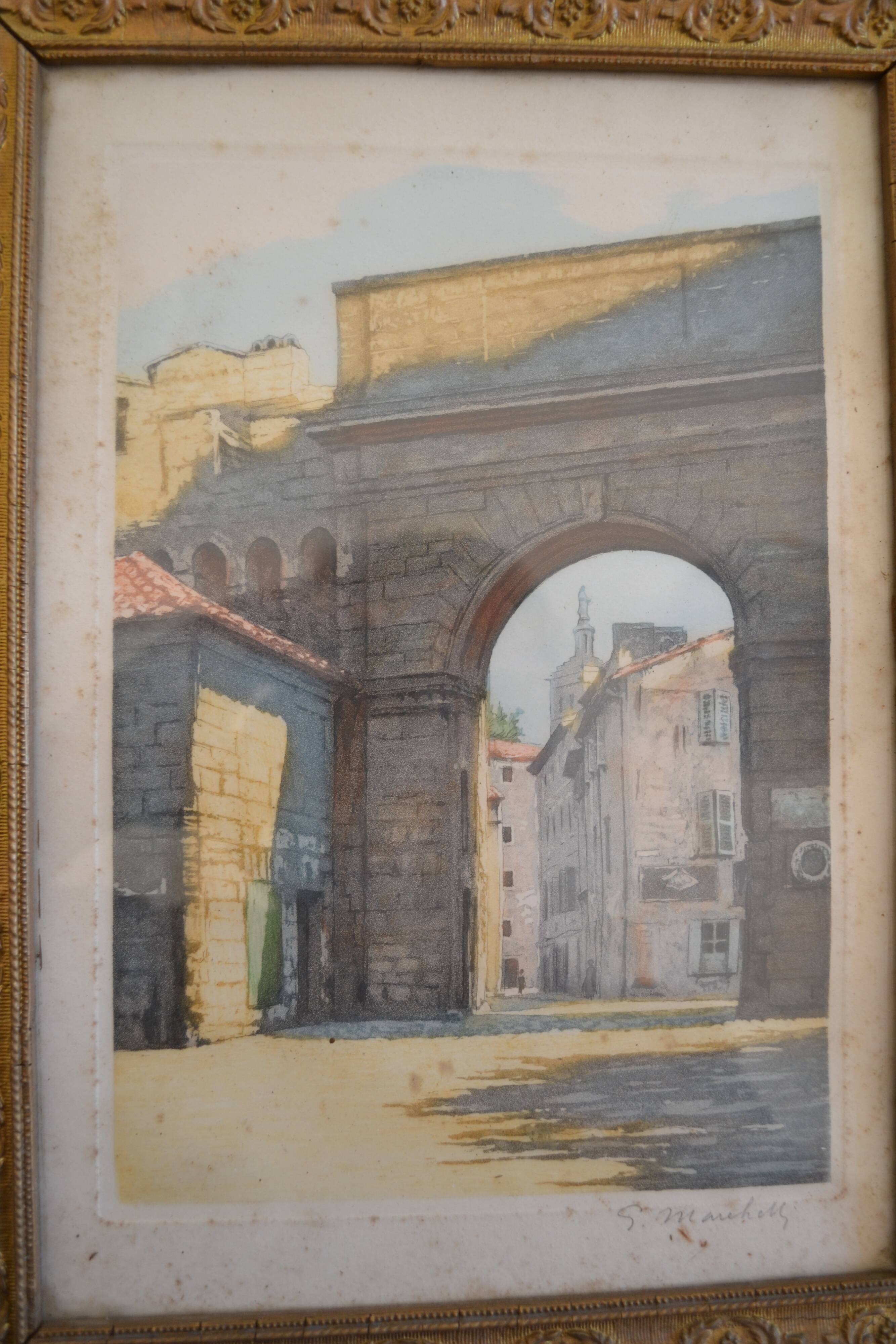 The Rhône Gate in Avignon around 1900, aquatint engraving signed.
