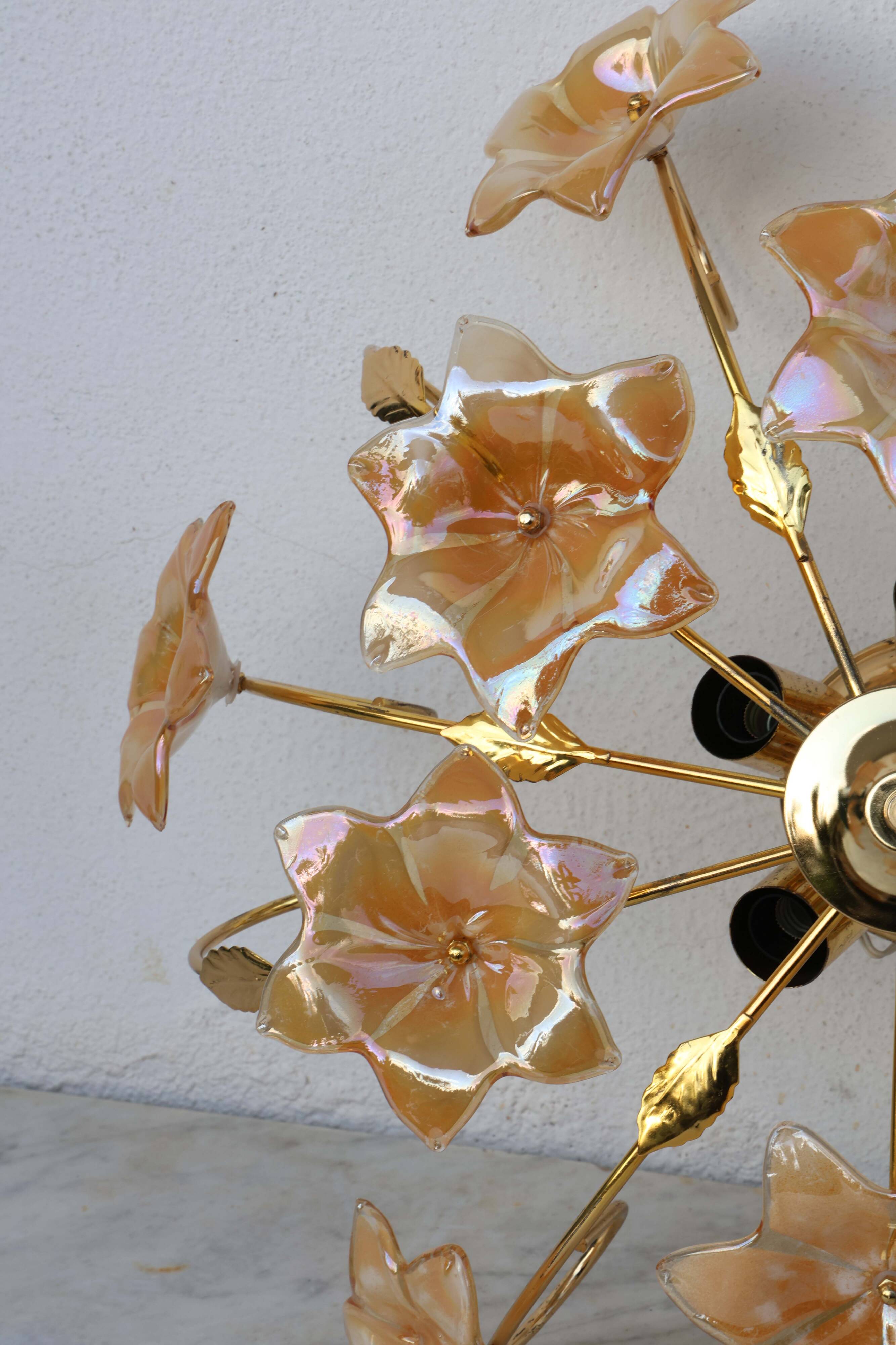 Murano Vintage Ceiling Light Orange Iridescent Flowers, 1970s