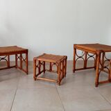 Set of 3 vintage nesting tables in bamboo and woven rattan
