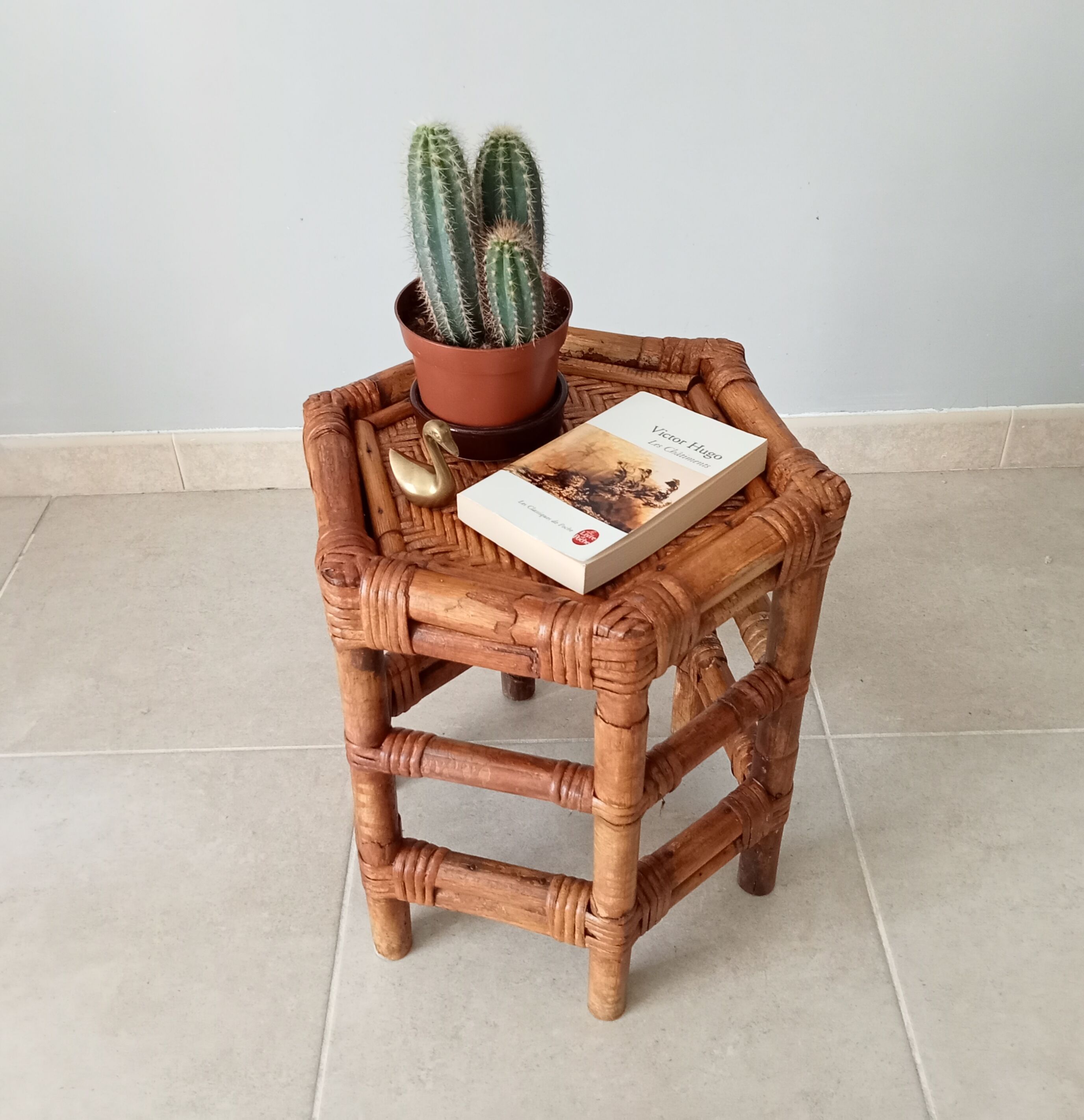 Vintage side table in bamboo and rattan 70s