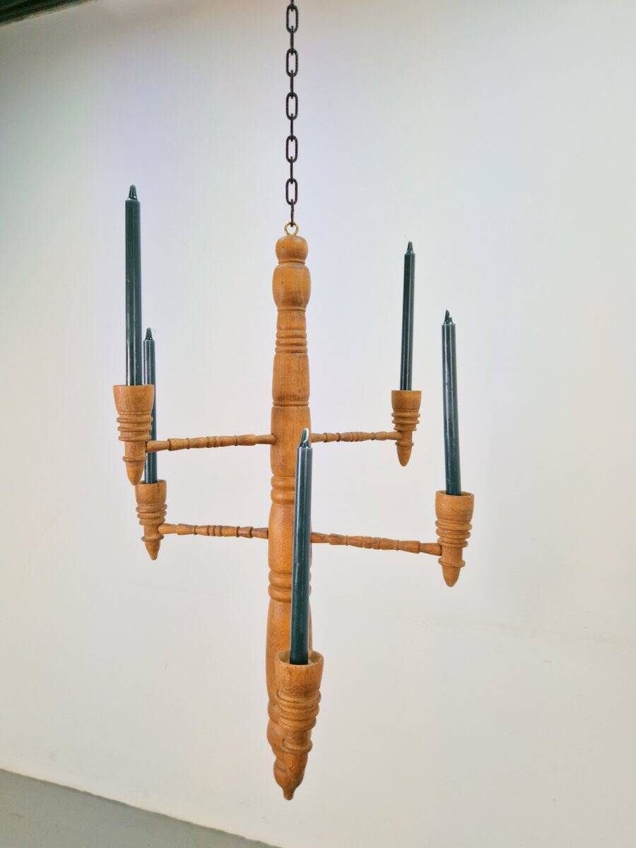 Brutalist Twisted Spool Candle Chandelier in Wood, 1960s