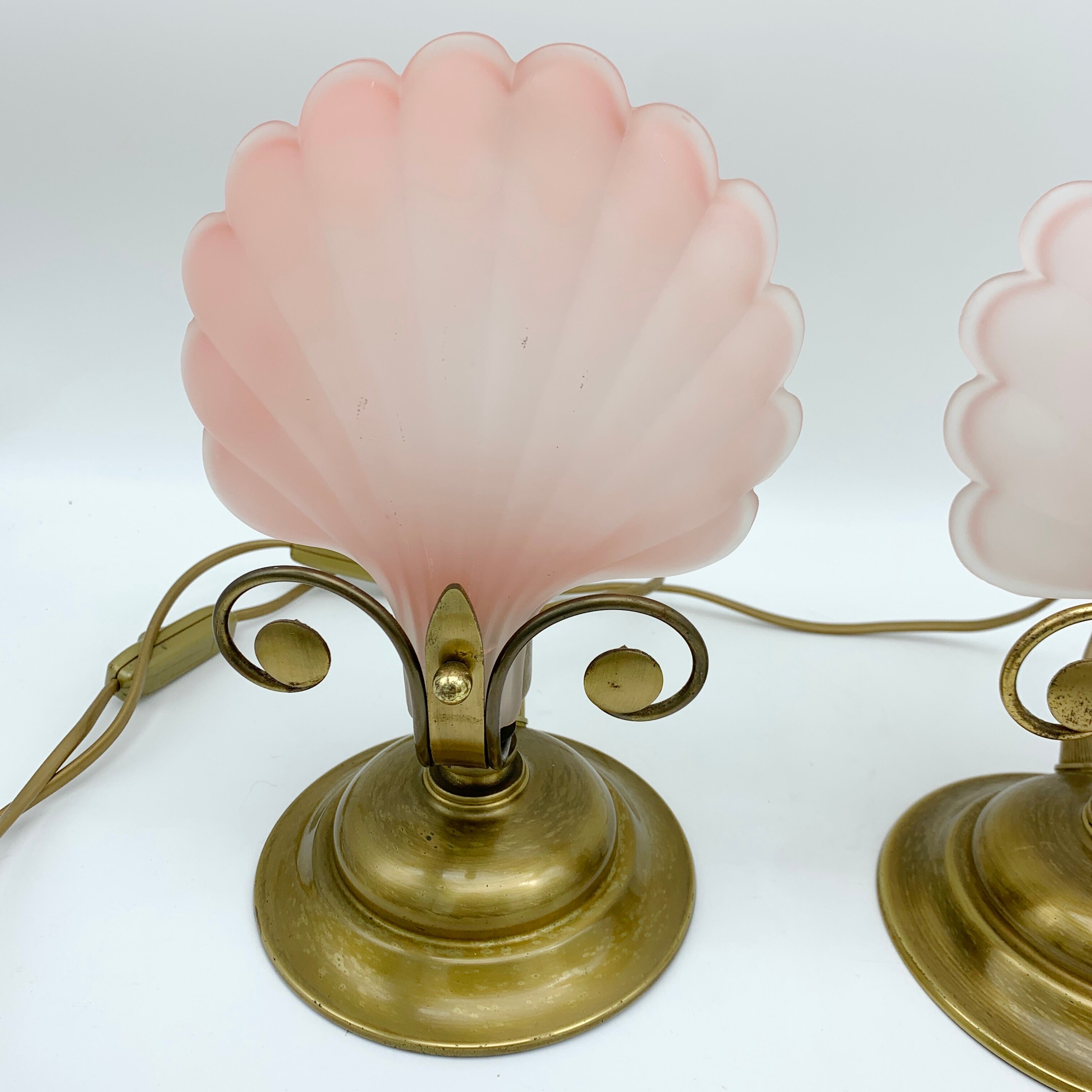 Pair of vintage brushed glass and brass shell lamps