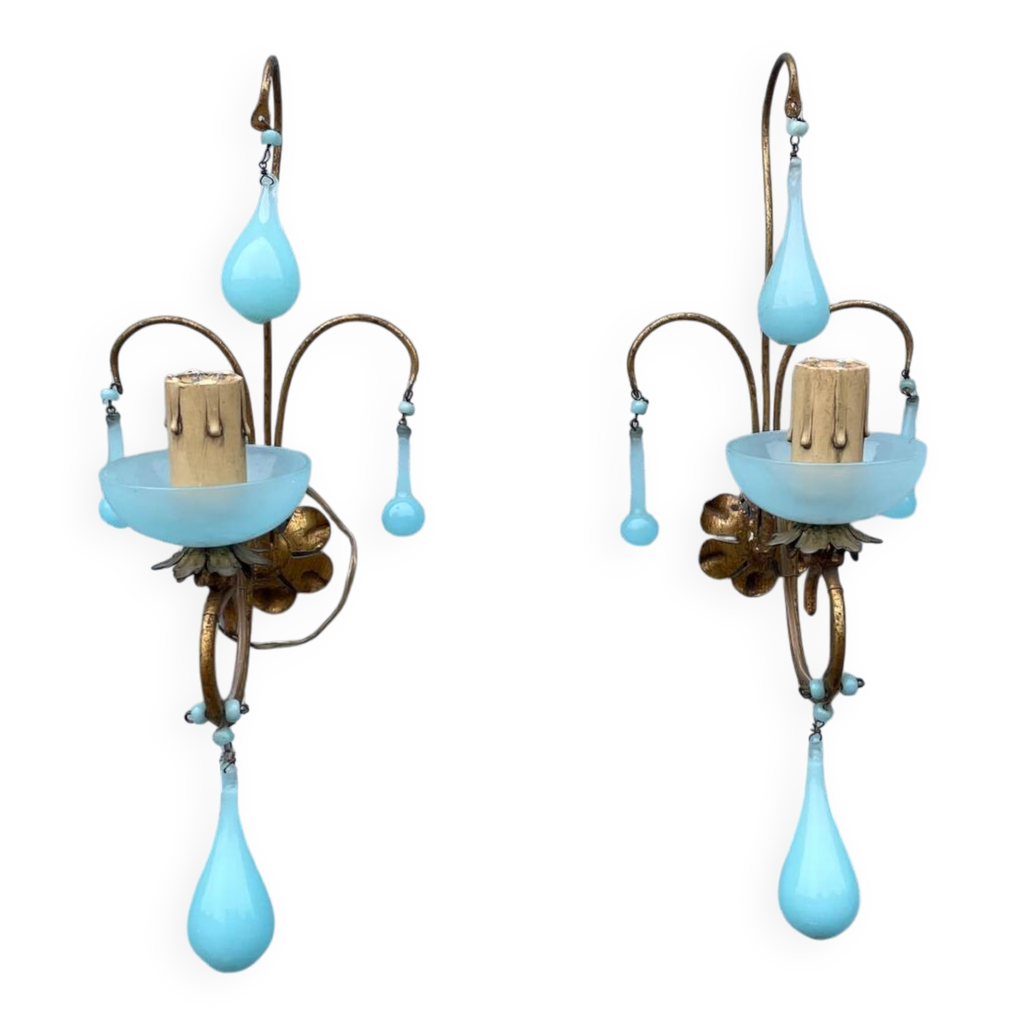 Pair of vintage turquoise blue opaline glass bead sconces