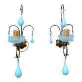 Pair of vintage turquoise blue opaline glass bead sconces